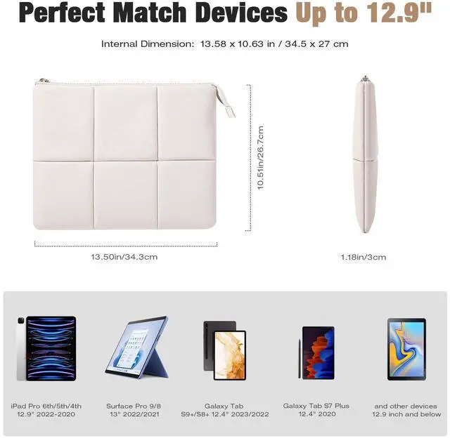 Alt view image 2 of 5 - Moko 12.9 Inch Tablet Sleeve Case, Puffy Tablet Bag Fit with iPad Pro 6th/5th/4th 12.9 inch, Surface Pro 9/8 13", New Galaxy Tab S9+/S8+ 12.4, Built-in Elastic Band, PU Leather Carrying Case, White