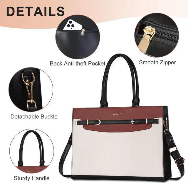 Alt view image 3 of 5 - MOSISO Laptop Bag for Women, 15.6 inch Laptop Tote Bag, Waterproof Leather Decorative Buckle Work Briefcase, Large Capacity Computer Handbag for Teacher Office Travel, Black