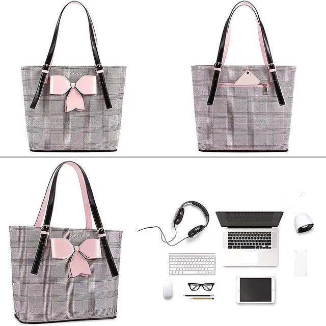 Alt view image 2 of 5 - MOSISO Laptop Bag for Women Compatible with MacBook Air 15 inch M2 A2941 2023/Pro 16 inch M3 M2 M1 2023-2019, PU Leather Large Capacity Travel Briefcase with Bowknot Grid MO-GID001GYPK