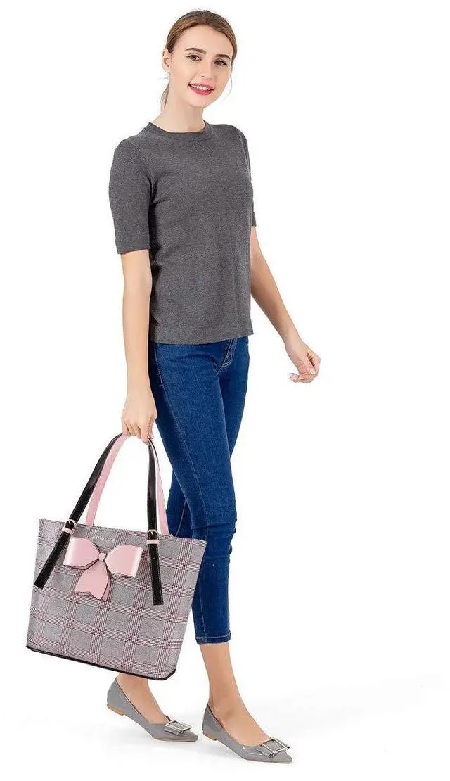 Alt view image 5 of 5 - MOSISO Laptop Bag for Women Compatible with MacBook Air 15 inch M2 A2941 2023/Pro 16 inch M3 M2 M1 2023-2019, PU Leather Large Capacity Travel Briefcase with Bowknot Grid MO-GID001GYPK