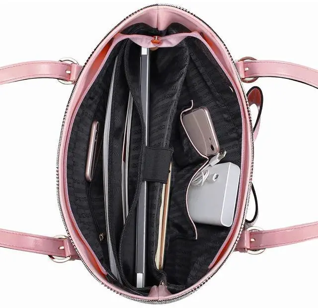 Alt view image 4 of 5 - MOSISO Laptop Bag for Women Compatible with MacBook Air 15 inch M2 A2941 2023/Pro 16 inch M3 M2 M1 2023-2019, PU Leather Large Capacity Travel Briefcase with Bowknot Grid MO-GID001GYPK