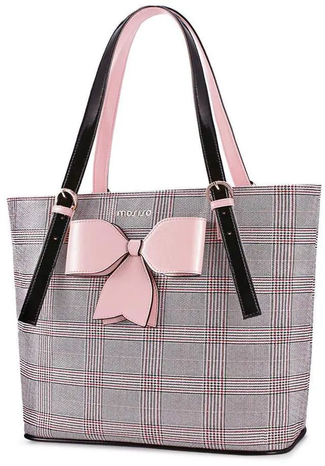 Main image of MOSISO Laptop Bag for Women Compatible with MacBook Air 15 inch M2 A2941 2023/Pro 16 inch M3 M2 M1 2023-2019, PU Leather Large Capacity Travel Briefcase with Bowknot Grid MO-GID001GYPK