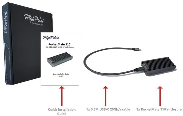 Alt view image 3 of 5 - HighPoint Technologies RocketMate 110 USB 3.2 20G to PCIe Gen3 x4 M.2 (2242/2260/2280) NVMe Enclosure