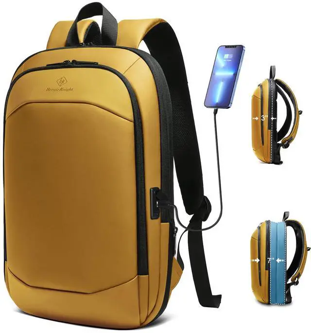 Main image of hk Business Backpack for Men 17 Inch,Slim & Expandable Waterproof Travel Laptop Backpack with USB Charger Port (Yellow)