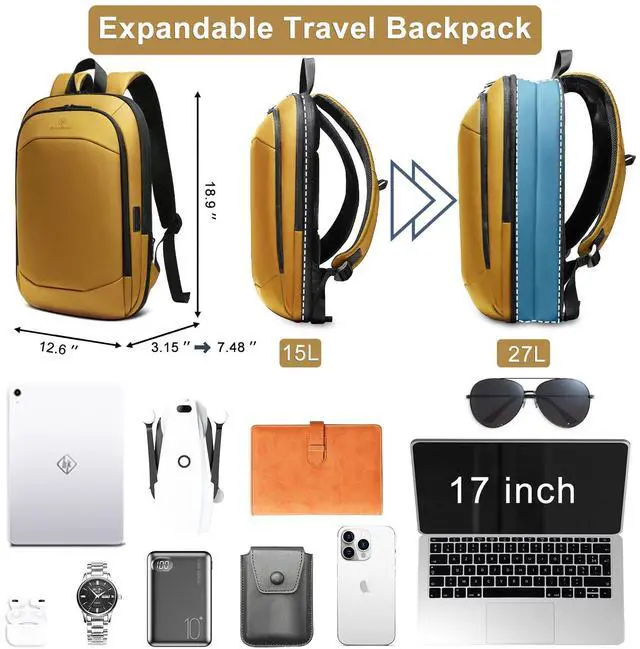 Alt view image 3 of 5 - hk Business Backpack for Men 17 Inch,Slim & Expandable Waterproof Travel Laptop Backpack with USB Charger Port (Yellow)