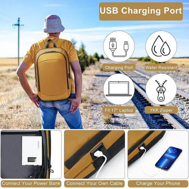 Alt view image 2 of 5 - hk Business Backpack for Men 17 Inch,Slim & Expandable Waterproof Travel Laptop Backpack with USB Charger Port (Yellow)