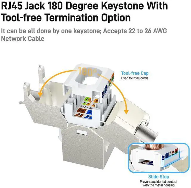 Alt view image 2 of 5 - 5-Pack RJ45 CAT 7 Tool-Less STP Shielded Keystone Jack, AMPCOM Self-Locking Cat7 Keystone Zinc Alloy Module Adapter No Punch-Down Tool Required Coupler for Wall Plate