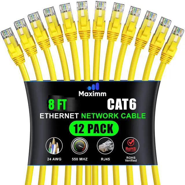 Main image of Maximm Cat 6 Ethernet Cable 8 Ft, (12-Pack) Cat6 Cable, LAN Cable, Internet Cable and Network Cable - UTP (Yellow), 8 Feet