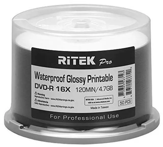 Main image of 50 Pack Ritek Pro (Professional Grade) DVD-R 16X 4.7GB AZO Dye (MID MXL RG04) Watershield Water Resistant Glossy White Inkjet Hub Printable Blank Recordable Disc