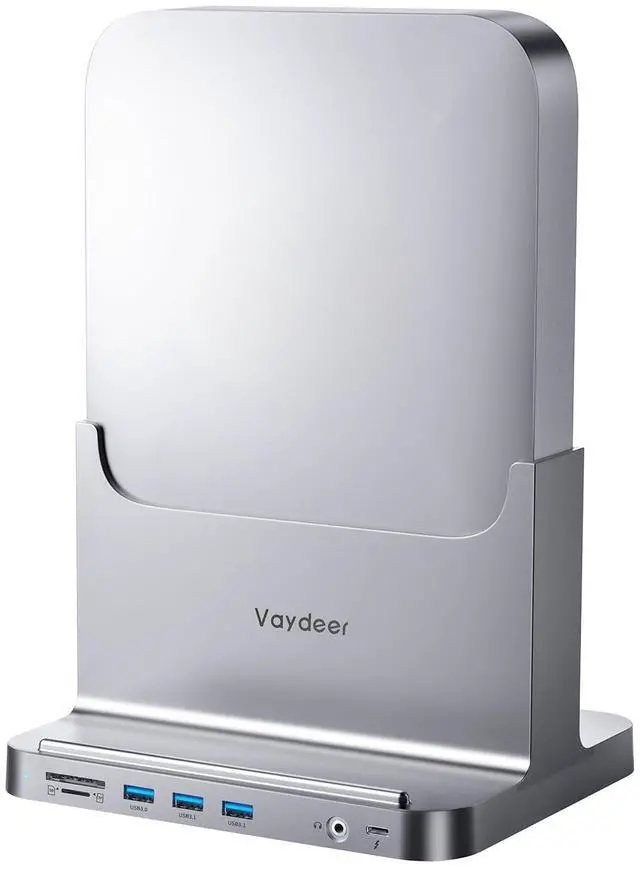 Main image of VAYDEER Mac Mini Stand Silver ABS Dock for Mac Mini, 8-in-1 Dock Station Holder with Power Adapter, USB 3.0 Ports/Type C Hub for Data Transfer TF/SD Card Reader HDD/SSD Slot Audio Jack