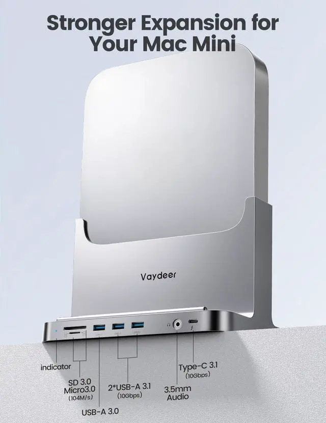 Alt view image 4 of 5 - VAYDEER Mac Mini Stand Silver ABS Dock for Mac Mini, 8-in-1 Dock Station Holder with Power Adapter, USB 3.0 Ports/Type C Hub for Data Transfer TF/SD Card Reader HDD/SSD Slot Audio Jack