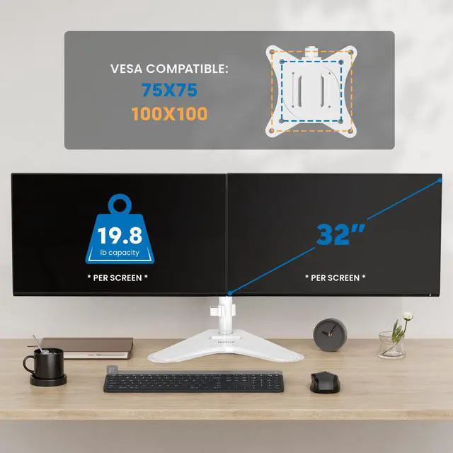 Alt view image 3 of 5 - Mount-It! Dual Monitor Stand for Desk, Free Standing Monitor Stands for 2 Screens up to 19.8lbs per Arm, Fully Adjustable Dual Monitor Mount with Tilt, Swivel, Rotation with VESA 75 and 100, White