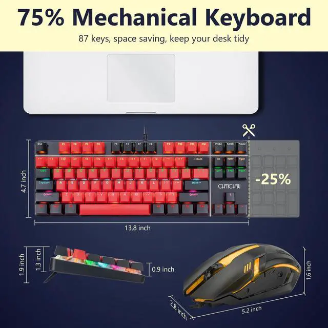 Alt view image 2 of 5 - CHONCHOW Mechanical Gaming Keyboard and Mouse Combo, LED Backlit, Blue Switch, 87 Keys TKL, Hot Swappable Mechanical Keyboard, RGB Mouse 1200-4200 DPI for Ps4 Xbox PC Laptop Mac Windows