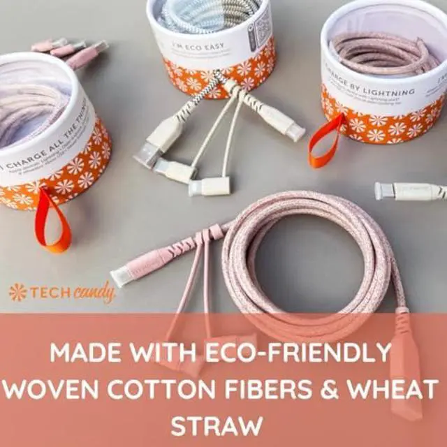 Alt view image 4 of 5 - Tech Candy Eco Charge USB-C to Lightning Cable, Gray/Natural - USB Type C on one end, Lightning on The Other end, 6' Long Cord, Made with Earth Friendly Wheat Straw, Woven Cable, Quality, Flexible