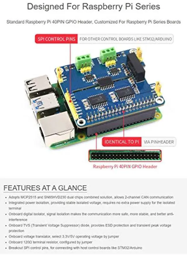 Alt view image 4 of 5 - Waveshare Isolated CAN Expansion Board 2 Channel Compatible with Raspberry Pi 4B/3B+/3B etc. Series Boards