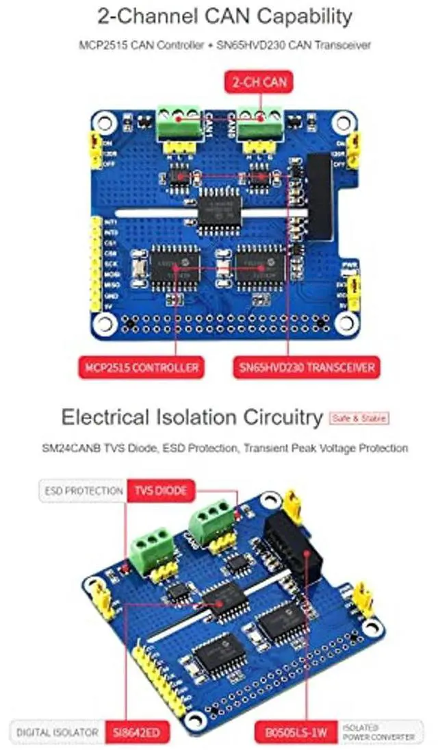 Alt view image 5 of 5 - Waveshare Isolated CAN Expansion Board 2 Channel Compatible with Raspberry Pi 4B/3B+/3B etc. Series Boards