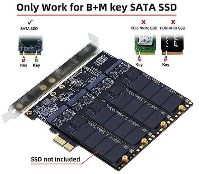Alt view image 3 of 5 - xiwai High-Speed 4 SATA NGFF Key B+M SSD to PCI-E 1x Motherboard Desktop Adapter SSD Card ASM1064 2280 with Hot Swap