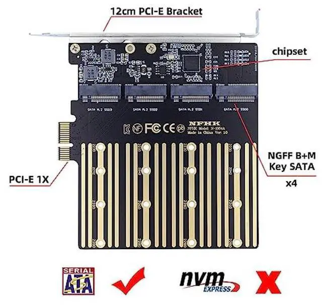 Alt view image 5 of 5 - xiwai High-Speed 4 SATA NGFF Key B+M SSD to PCI-E 1x Motherboard Desktop Adapter SSD Card ASM1064 2280 with Hot Swap