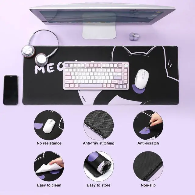 Alt view image 2 of 5 - YUNZII Keynovo Gaming Mouse Pad, Large Mouse Pad, Non-Slip 4mm Laptop Gaming Desk Pad for Office and Home(Cool cat, 31.49'' x 11.8'')