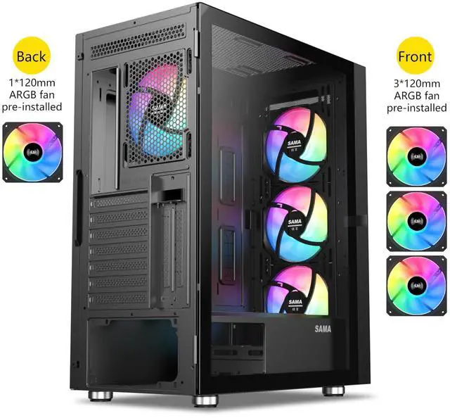 Alt view image 2 of 5 - SAMA 3509 ATX Mid Tower Computer Case Steel Mesh Front Tempered Glass with Open Door 4 ARGB Fans Pre-Install USB3.0X2 360mm AIO Support at Front Black