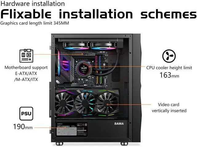Alt view image 5 of 5 - SAMA 3509 ATX Mid Tower Computer Case Steel Mesh Front Tempered Glass with Open Door 4 ARGB Fans Pre-Install USB3.0X2 360mm AIO Support at Front Black