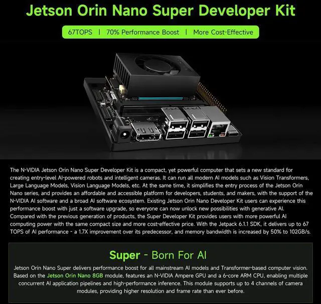 Alt view image 3 of 5 - Waveshare N-VIDIA Jetson Orin Nano Super AI Development Kit for Embedded and Edge Systems, with 8GB Memory Jetson Orin Nano Module