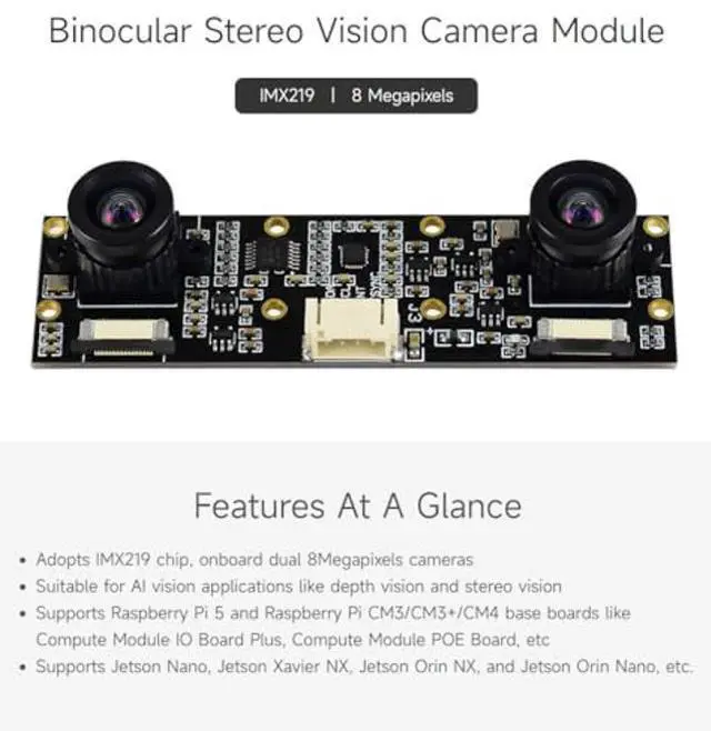 Alt view image 5 of 5 - Waveshare Binocular Camera Module, Compatible with Raspberry Pi 5, Dual IMX219, 8 Megapixels, Stereo Vision, Depth Vision