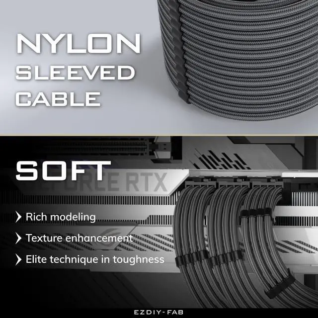 Alt view image 5 of 5 - EZDIY-FAB PSU Cable Extension Sleeved Custom Mod GPU PC Power Supply Soft Nylon Braided with Comb Kit 24PIN/3x 8PIN to 6+2Pin/ 2X 8PIN to 4+4PIN-300MM/11.8in -Carbon