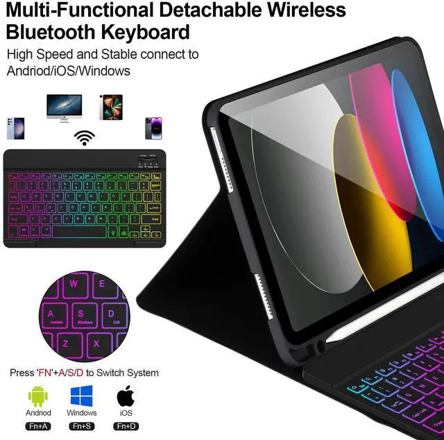 Alt view image 3 of 5 - AHYWTAN for iPad 11/10th Generation Case with Keyboard,Backlit Detachable Bluetooth Keyboard case for iPad A16 2025 11 inch/10th Gen 2022 10.9'' with Pencil Holder, Square Keycaps,Black-B