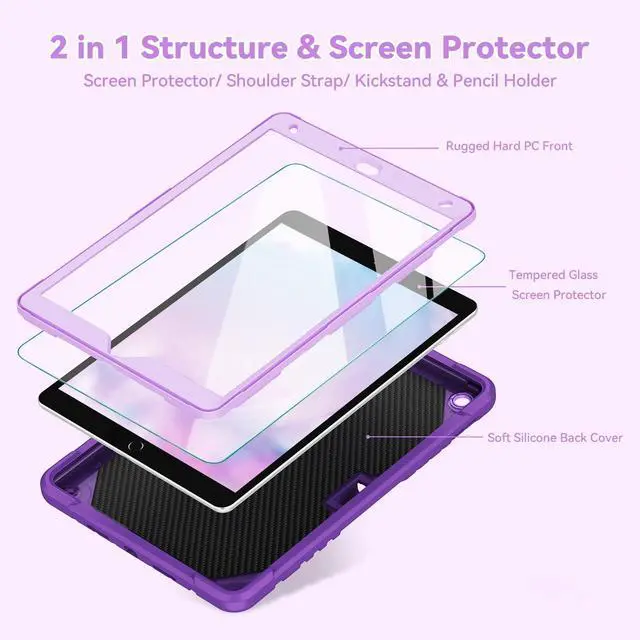 Alt view image 3 of 5 - ACEMO for iPad 9th 8th 7th Generation Case 10.2 inch with Screen Protector, Butterfly Kickstand, Shoulder Strap, Pencil Holder Cute Rugged Cover for Kids Girls for iPad 2021 2020 2019 Purple