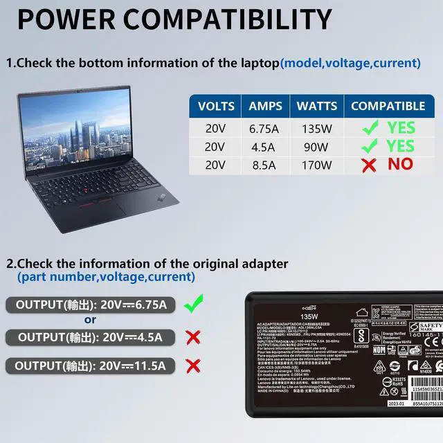 Alt view image 3 of 5 - 135W New Slim Laptop Charger fit for Thinkpad X1 Extreme Gen 2 P1 P15v T15p T440P T470p T540p for Legion Y50 Y520 Y530 Y50P-70 Y520-15 4X20E50558 ADL1 35NDC2A 20V 6.75A Power AC Adapter