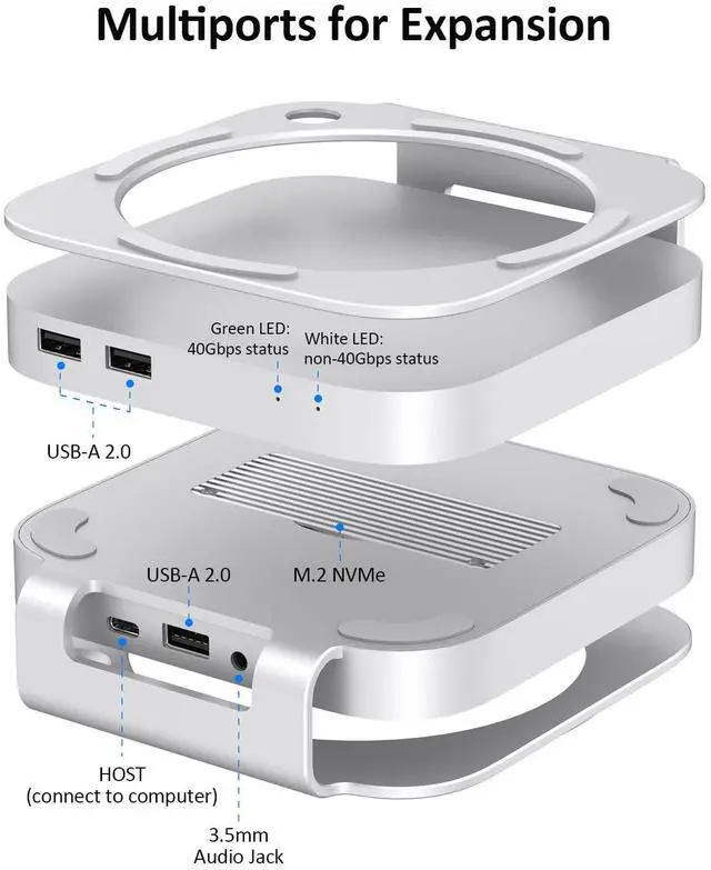 Alt view image 3 of 5 - Akkyajaure 40Gbps USB4 Hub & Stand for Mac mini M4/M4 Pro, All-Aluminum Docking Station with 40Gbps M.2 SSD (NVMe PCle) Enclosure, 3*USB 2.0, 3.5mm Audio, USB4 Host | Mac mini M4 USB-4 Dock