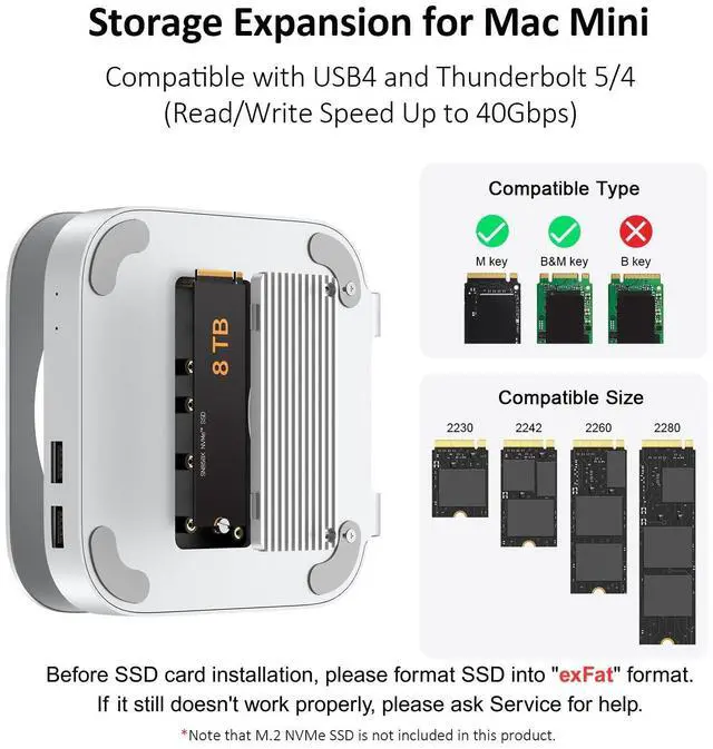 Alt view image 4 of 5 - Akkyajaure 40Gbps USB4 Hub & Stand for Mac mini M4/M4 Pro, All-Aluminum Docking Station with 40Gbps M.2 SSD (NVMe PCle) Enclosure, 3*USB 2.0, 3.5mm Audio, USB4 Host | Mac mini M4 USB-4 Dock