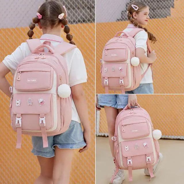 Alt view image 2 of 5 - AO ALI VICTORY Backpack for Girls Set with Pencil Case 15.6 Inch Laptop School Bag Cute Kids Elementary College Backpacks Large Bookbags for Women Teens Students Anti Theft Travel Daypack - Pink