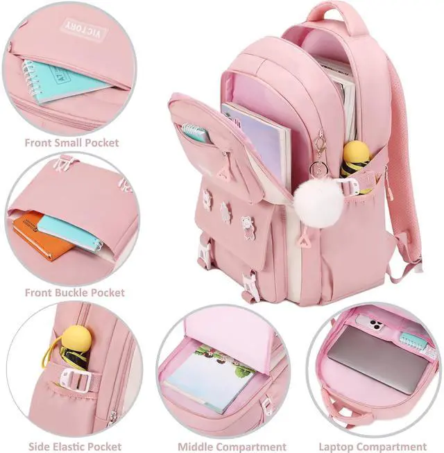 Alt view image 3 of 5 - AO ALI VICTORY Backpack for Girls Set with Pencil Case 15.6 Inch Laptop School Bag Cute Kids Elementary College Backpacks Large Bookbags for Women Teens Students Anti Theft Travel Daypack - Pink