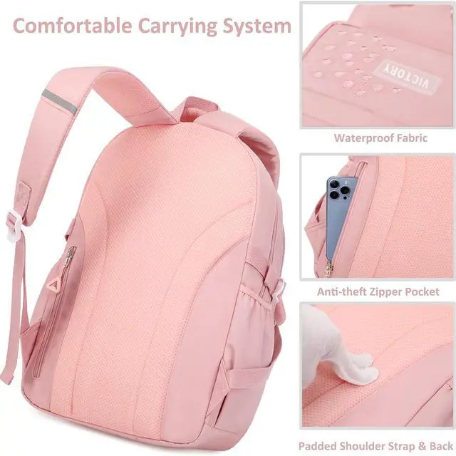 Alt view image 4 of 5 - AO ALI VICTORY Backpack for Girls Set with Pencil Case 15.6 Inch Laptop School Bag Cute Kids Elementary College Backpacks Large Bookbags for Women Teens Students Anti Theft Travel Daypack - Pink