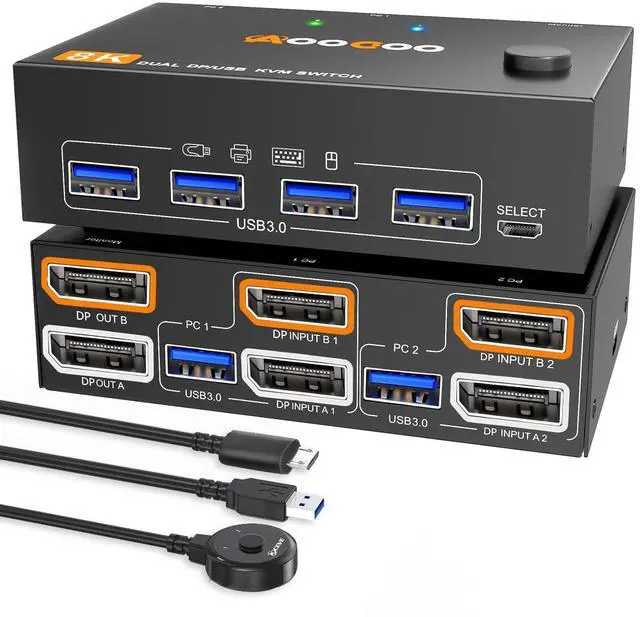 Main image of KVM Switch 2 Monitors 2 Computers 8K@30Hz/4K144Hz,DP1 USB3.0 Dual Monitors KVM Switches with 4 USB 3.0 Port,Wired Remote,USB3.0 Cables Included(8K 2 PC 2 Monitor KVM)