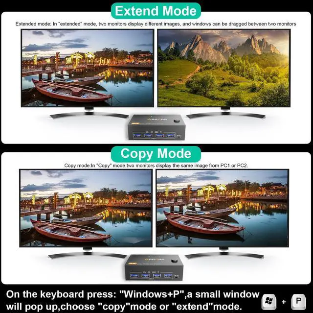 Alt view image 3 of 5 - KVM Switch 2 Monitors 2 Computers 8K@30Hz/4K144Hz,DP1 USB3.0 Dual Monitors KVM Switches with 4 USB 3.0 Port,Wired Remote,USB3.0 Cables Included(8K 2 PC 2 Monitor KVM)