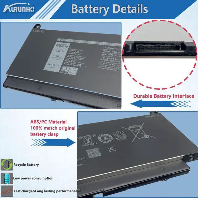 Alt view image 3 of 5 - AURUNHO C903V 68Wh Laptop Battery Replacement for Dell Precision 7760 7560 7550 7750 Series Laptop PKWVM 447VR 17C06 068N03 0CR72X 453-BBCP CR72X 11.4V