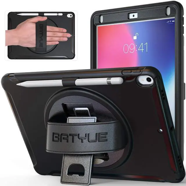 Main image of BATYUE iPad Air 3rd Gen Case 2019/2017 iPad Pro 10.5 Case with Pencil Holder, 360 Swivel Stand/Hand Strap, Shockproof Drop Protection, Black (Pencil Not Included)