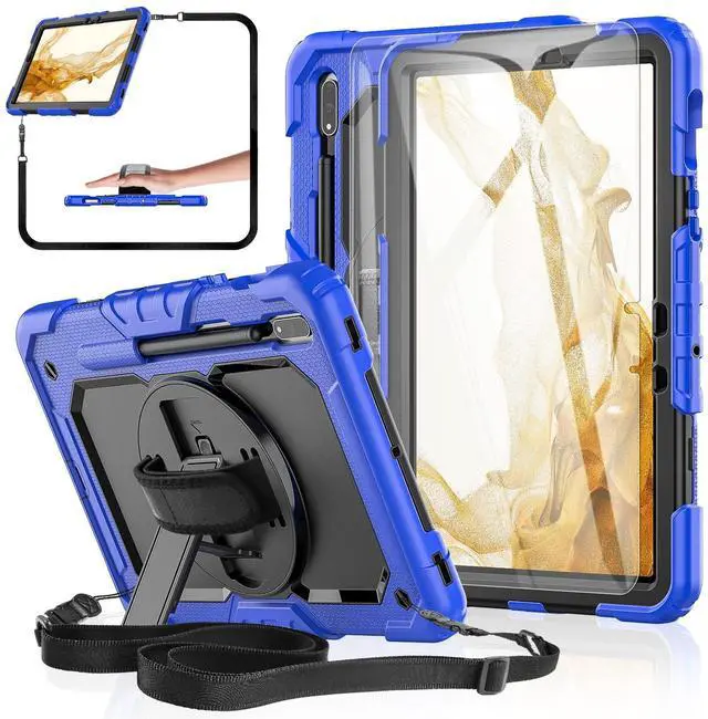Main image of BASE MALL Case for Samsung Galaxy Tab S8/S7 11-inch 5G Tablet Case 2022/2020 [with Tempered Glass Screen Protector], 360deg Rotating Kickstand/Hand & Shoulder Strap/S Pen Holder (Blue)