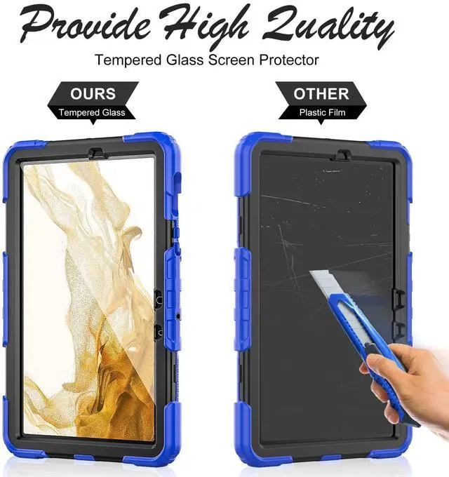 Alt view image 2 of 5 - BASE MALL Case for Samsung Galaxy Tab S8/S7 11-inch 5G Tablet Case 2022/2020 [with Tempered Glass Screen Protector], 360deg Rotating Kickstand/Hand & Shoulder Strap/S Pen Holder (Blue)