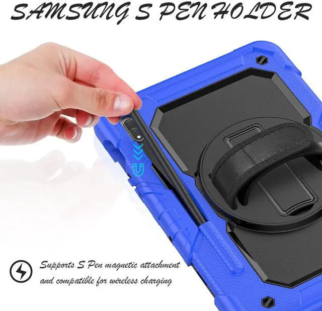 Alt view image 3 of 5 - BASE MALL Case for Samsung Galaxy Tab S8/S7 11-inch 5G Tablet Case 2022/2020 [with Tempered Glass Screen Protector], 360deg Rotating Kickstand/Hand & Shoulder Strap/S Pen Holder (Blue)