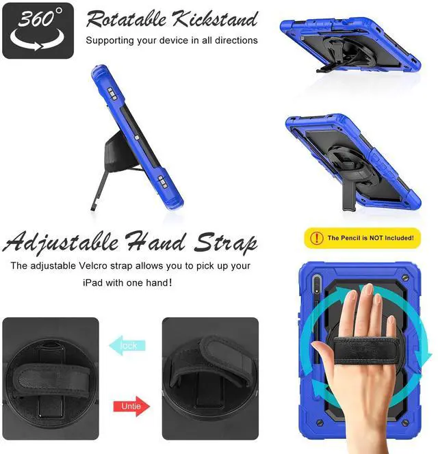 Alt view image 4 of 5 - BASE MALL Case for Samsung Galaxy Tab S8/S7 11-inch 5G Tablet Case 2022/2020 [with Tempered Glass Screen Protector], 360deg Rotating Kickstand/Hand & Shoulder Strap/S Pen Holder (Blue)