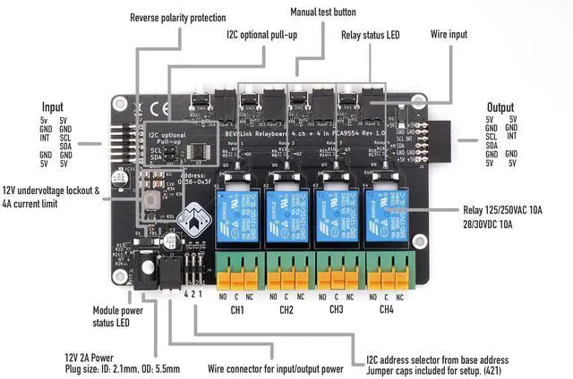 Alt view image 2 of 5 - BEVRLink 4 Channel Relay 4 Manual Test Buttons 12V Relay 4 CH for Raspberry Pi and Other Single Board Computers and Microcontrollers Like Arduino, ESP8266 ESP32 and More