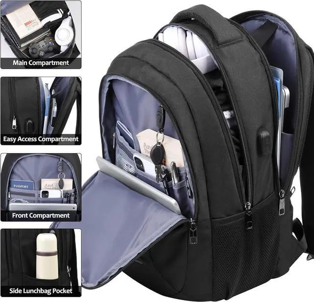 Alt view image 2 of 5 - Travel Laptop Backpack for Men and Women, 17 Inch Large School Backpacks for Teens, Business Anti Theft Durable Back Pack, Water Resistant Computer Bag with USB Charging Port, Black
