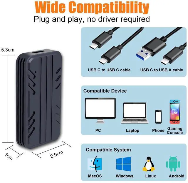 Alt view image 4 of 5 - Bitsjour 2230 NVMe Enclosure USB-C 3.2, 10Gbps External Drive Case for M.2 2230 PCIe SSD M Key, Type C to Type C/USB A Cable, Support UASP Trim, Aluminum Alloy, Compatible with Windows, macOS, Linux