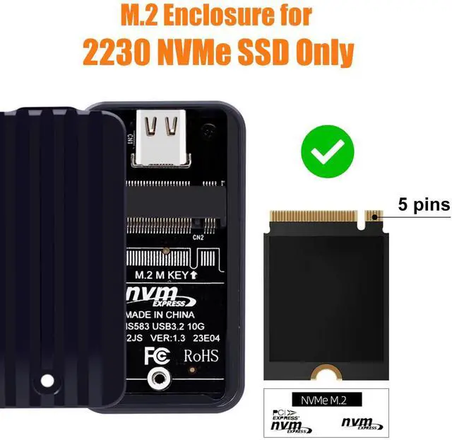 Alt view image 3 of 5 - Bitsjour 2230 NVMe Enclosure USB-C 3.2, 10Gbps External Drive Case for M.2 2230 PCIe SSD M Key, Type C to Type C/USB A Cable, Support UASP Trim, Aluminum Alloy, Compatible with Windows, macOS, Linux