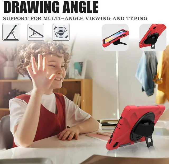 Alt view image 4 of 5 - BRAECN for Samsung Galaxy Tab S6 Lite Case, Heavy Duty Rugged Cover with [Rotating Hand Strap] [Carrying Shoulder Strap] [Kickstand] [S Pen Holder] for Galaxy Tab S6 Lite 10.4 2024/2022/2020 -Red