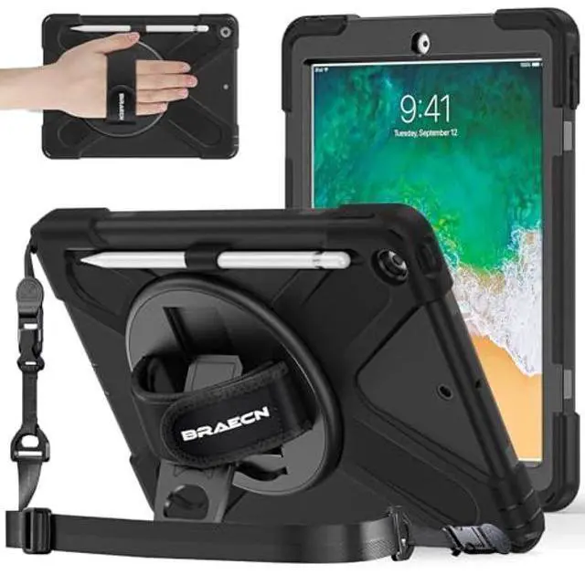 Main image of BRAECNstock for Apple iPad 6th/ 5th Generation/Air 2/ Pro 9.7 inch Case Shockproof Protective iPad 9.7 Kids Case with Pencil Holder, 360deg Rotating Stand+Hand Strap, Shoulder Strap, Black